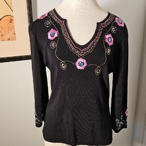 Joseph‎ A. Floral Embroidered Sweater Womens Size XL Black Beaded Knit Top